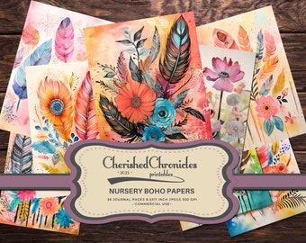 May include: A collection of watercolor art prints featuring floral and feather designs in shades of orange, pink, blue, and yellow. The prints are labeled "Nursery Boho Papers" and include the text "Cherished Chronicles printables".