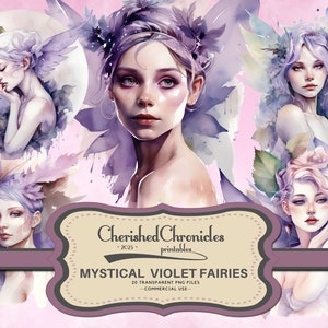20 Mystical Violet Fairies Clip Art Bundle, Fairy Tale PNG, Junk Journal, Digital Download, Commercial Use