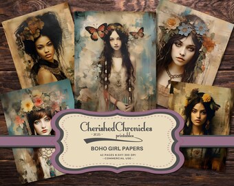 May include: A set of four digital paper designs featuring women with floral crowns and bohemian attire. The papers are in a vintage style with muted colors and textures. The text "Cherished Chronicles - 2025 - printables" and "BOHO GIRL PAPERS" is included in the image.