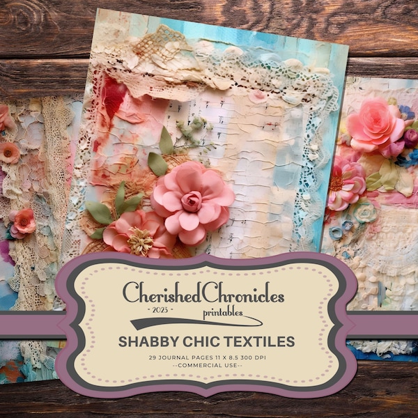 29 Shabby Chic Textiles, Journal Pages, Printable Sheets, 8.5x11 inch Scrapbooking Papers, Mixed Textiles, Crafting, Digital Download