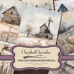 38 Winter Farm Mixed Media Journal Papers, 8.5x11 inch, Printable, Junk Journal, Rustic Charm, Digital Download, Scrapbooking Ephemera