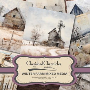 Könnte beinhalten: Ein Satz von 38 druckbaren Journalseiten mit Winterfarm-Thema. Die Seiten enthalten Bilder einer Scheune, einer Windmühle, Kühen, Schafen und einer verschneiten Landschaft. Die Seiten sind 28 cm x 21,5 cm groß und haben 300 DPI. Der Text "Cherished Chronicles - 2025 - printables" und "WINTER FARM MIXED MEDIA" ist auf dem Bild enthalten. Der Text "38 JOURNAL PAGES 11 x 8.5 300 DPI" und "COMMERCIAL USE." ist ebenfalls auf dem Bild enthalten.