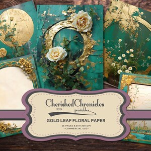 25 bladgoud Floral Journal Papers, afdrukbare pagina's, 8,5x11 inch, Junk Journal Kit, digitale scrapbooking, digitale download, Boho, Boho
