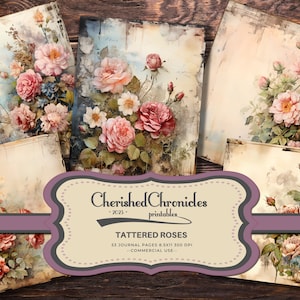 53 Papeles de diario basura de rosas andrajosas, Shabby Chic, Shabby Roses, 8.5x11 pulgadas, Imprimible, Scrapbooking, Efímera vintage, Descarga digital
