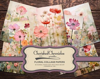 May include: A set of 38 digital floral collage papers in a watercolour style with pink, red, and white flowers. The papers are 8.5x11 inches and 300 DPI. Cherished Chronicles - 2025 - printables.  --COMMERCIAL USE--