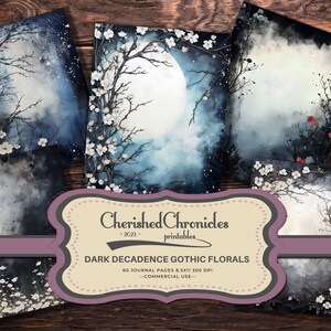 Op de afbeelding: Set van zes digitale papierachtergronden met een donkerblauw en grijs aquarelontwerp met witte bloemen en een volle maan. De papieren zijn perfect voor scrapbooking, kaartmaken en andere knutselprojecten. Cherished Chronicles - 2025 - printables. DARK DECADENCE GOTHIC FLORALS. 60 JOURNAL PAGES 8.5X11 300 DPI. COMMERCIAL USE.