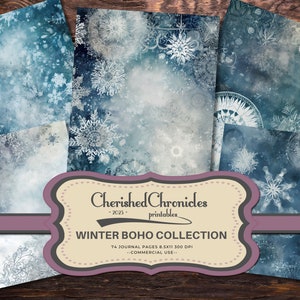Könnte beinhalten: Ein Set mit 74 digitalen Papieren mit einem Winter-Boho-Thema. Die Papiere sind blau und weiß mit Schneeflocken und anderen winterlichen Designs. Die Papiere sind 8,5 x 11 Zoll groß und haben eine Auflösung von 300 DPI. Sie sind für kommerzielle Zwecke bestimmt.