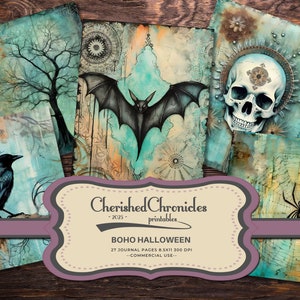 Boho Halloween Junk Journal Pages, 8.5x11 Scrapbook Digital Paper, Vintage Bohemian Halloween Ephemera, Junk Journaling Printable Kit