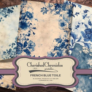 18 papiers toile bleus Français, 8,5 x 11 pouces, imprimables, toile de Jouy vintage, journal indésirable, scrapbooking, téléchargement numérique