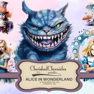 20 aquarelle Alice au pays des merveilles PNG Clipart, Alice au pays des merveilles graphiques, conte de fées PNG Images, chat du Cheshire, thème du pays des merveilles