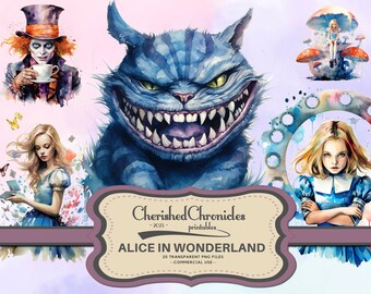 Watercolor Alice in Wonderland Clipart: Fairytale PNG Graphics (Digital Download)