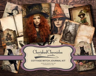May include: A digital collage kit with over 60 printable images featuring witches, crows, and vintage-style illustrations. The kit is ideal for scrapbooking, journaling, and other creative projects.