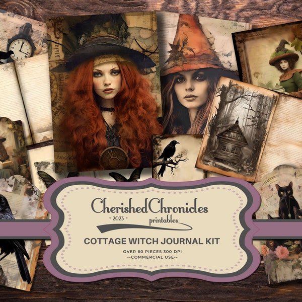 Cottage Witch Junk Journal Kit, Over 60 Pieces, Printable Journal Pages, ATC Cards, Tags, Covers, Witchcraft Scrapbooking & Crafting Kit