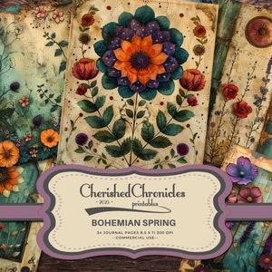 34 Boho Spring Papers, 8.5x11 pulgadas, Imprimible, Diario Basura, Boho Chic, Scrapbooking de Temporada, Descarga Digital