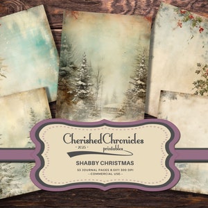 Könnte beinhalten: Satz von 5 digitalen druckbaren Papieren im Vintage-Shabby-Chic-Stil mit einer verschneiten Winterwald-Szene und Holunderbeeren-Akzenten. Die Papiere sind 8,5 x 11 Zoll groß und haben 300 DPI. Kommerzielle Nutzung ist erlaubt.