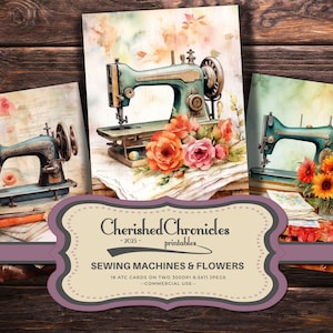 18 Retro Naaimachine & Bloemen ATC-kaarten, Afdrukbare Artist Trading Cards, Junk Journal Ephemera, Crafting Scrapbooking Supplies