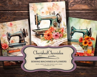 Tarjetas ATC florales de máquina de coser vintage: Efímera de diario basura (descarga digital)
