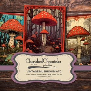 18 Vintage Mushroom ATC Cards, Printable Journaling Cards, Mushroom Art, Scrapbooking Ephemera, Digital Download, 2.5x3.5 inches