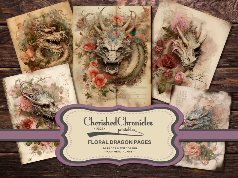 26 Floral Dragons Journal Papers Vintage Paper 8.5x11 Etsy