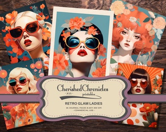 Könnte beinhalten: Satz von sechs digitalen druckbaren Journalseiten mit Retro-Illustrationen von Frauen mit Sonnenbrillen und Blumenkränzen. Die Seiten sind 8,5 x 11 Zoll groß und haben 300 DPI. Cherished Chronicles - 2025 - printables - RETRO GLAM LADIES - COMMERCIAL USE.