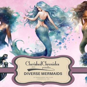 23 水彩マーメイド クリップアート、PNG マーメイド キャラクター、多文化マーメイド、人種的多様性、ファンタジー イラスト、商用利用