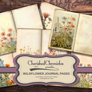 Summer Wildflower Junk Journal Pages, 12 Printable Journal Sheets, Digital Scrapbooking, Botanical Garden Ephemera, Nature Journaling, Boho
