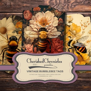 8 Vintage Bumblebee Tags, 300 DPI, Scrapbooking Ephemera, Junk Journal, Digital Download