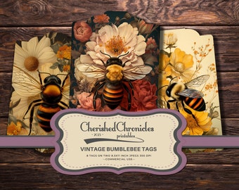 8 Vintage Bumblebee Tags, 300 DPI, Scrapbooking Ephemera, Junk Journal, Digital Download