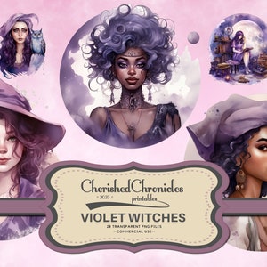 May include: Watercolor illustrations of violet-haired witches in various poses. One witch is with an owl, another is reading, and others are in portraits. The text "Violet Witches" and "Cherished Chronicles Printables" are also included.