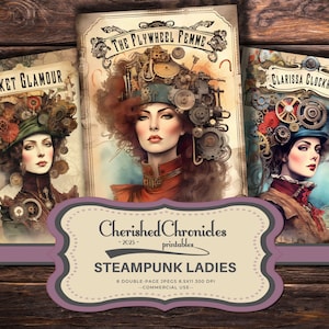 Steampunk Lady Junk Journal Pages, 8 Double Page Spreads, Printable Scrapbooking Pages, Vintage Style, Steampunk Ephemera, Junk Journaling