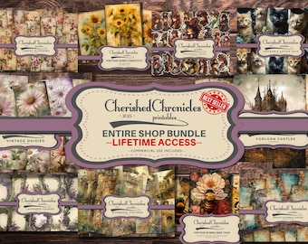 Entire Shop Junk Journal Bundle: 160+ Printable Digital Papers, Ephemera, Clipart, Commercial Use