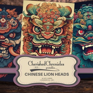vintage Chinese LION HEADS, ATC Cards, Journaling Papers, Printable Junk Journal, Digital Download, Card Making, Ephemera, stickers, Card