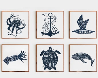 Nautical Prints Set of 3 Sea Life Wall Decor Coastal Print | Etsy
