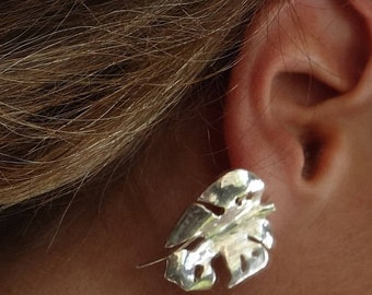 Monstera Leaf Earrings -- Sterling Silver matching earrings