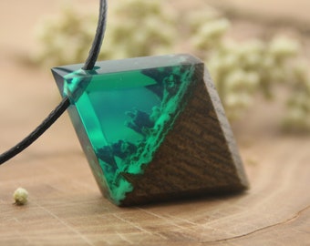 Wood resin pendant for man, emerald green glowing pendant, geometric necklace for him