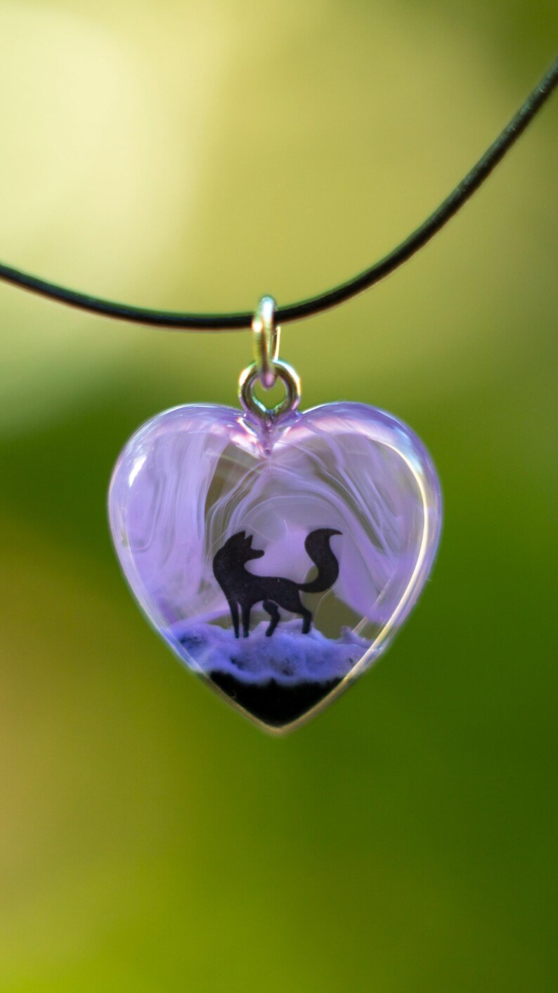 Purple Fox Necklace, Cute Heart Necklace, Wood Resin Jewelry Gift Etsy