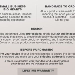 May include: A light beige graphic with text about a small business. The text includes "SMALL BUSINESS BIG HEARTS", "HANDMADE TO ORDER", and "LIFETIME WARRANTY". The text also describes the design and purchasing process.