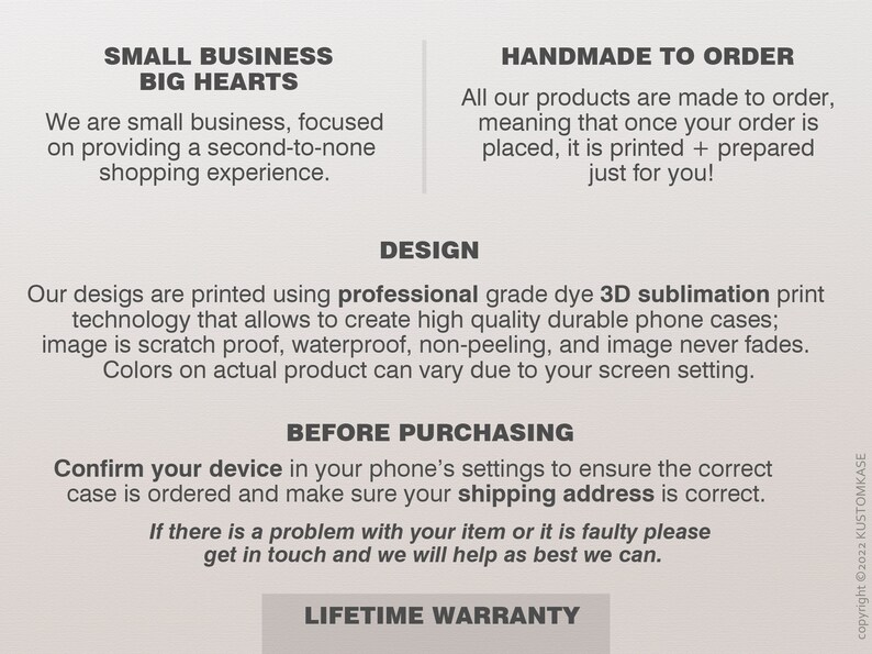 May include: A light beige graphic with text about a small business. The text includes "SMALL BUSINESS BIG HEARTS", "HANDMADE TO ORDER", and "LIFETIME WARRANTY". The text also describes the design and purchasing process.