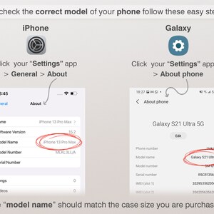 May include: Image showing instructions to find your phone model name for iPhone and Galaxy phones. The text guides users to the "Settings" app, then "About" to find the model name, which should match the case size.