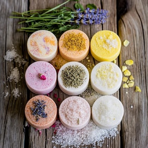 Könnte beinhalten: Neun runde Badebomben, angeordnet in einem drei-mal-drei Raster. Die Badebomben weisen verschiedene Texturen und Auflagen auf, darunter getrockneter Lavendel, Rosenknospen, gelbe Blütenblätter und grobe Salzkristalle, mit losem Salz.