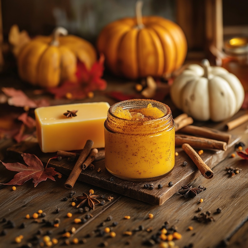May include: A close-up of a jar of pumpkin spice body scrub with cinnamon sticks and fall decor. The scrub is a vibrant orange color and has a thick, creamy texture. The jar is sitting on a wooden surface with fall leaves and other decorative elements.