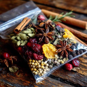 Puede incluir: Una bolsa de plástico transparente llena de una variedad de especias, incluyendo anís estrellado, palitos de canela, vainas de cardamomo, arándanos rojos secos y granos de pimienta. Las especias están dispuestas sobre una superficie de madera rústica.