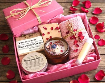 Rose Spa Gift Box for Her, Self Care Gift Set, Rose Soap, Rosebud Balm, Soy Candle, Lip Balm, Pink Pamper Box, Birthday Gift