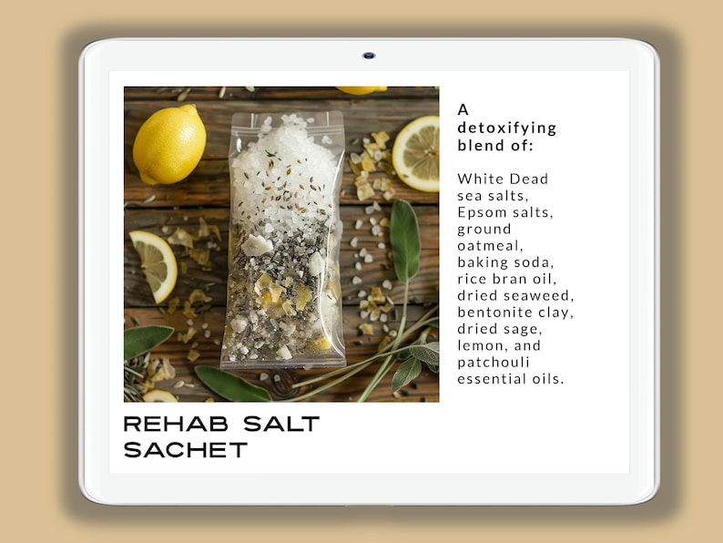 May include: A white plastic pouch filled with a detoxifying bath salt blend. The pouch is labeled "REHAB SALT SACHET". The ingredients include white dead sea salts, Epsom salts, ground oatmeal, baking soda, rice bran oil, dried seaweed, bentonite clay, dried sage, lemon, and patchouli essential oils.