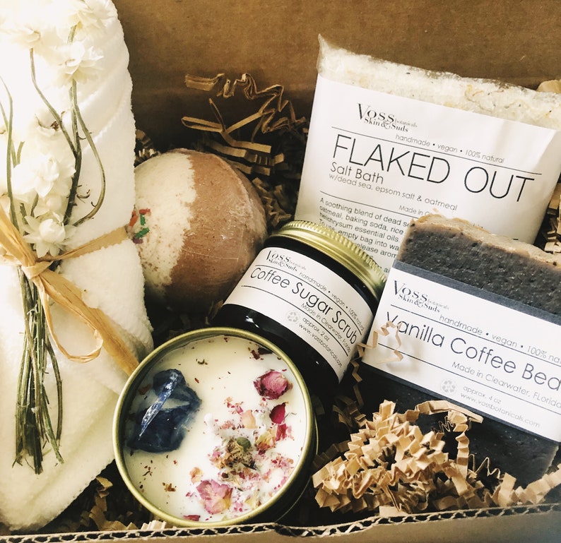 Coffee scrub, salts, candle and soap with bath bomb. best friend gift, friendship box, friendship gift, gift box, gift for women, mental health, personalized gift, self-care, self-care kit, self-care package, self-care spa gift box, thinking of you