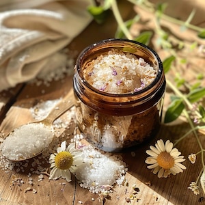 Rose und Kamille Körpersalz | Entgiftendes Totesmeersalz | Aromatherapie-Badesalz | Hoch mineralisches therapeutisches Badesalz | Alge zum entgiften