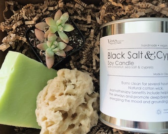 May include: A gift box filled with brown packing paper, a green bar of soap, a natural loofah sponge, a small potted succulent plant, and a silver candle jar with the text "Black Salt & Cypress Soy Candle with coconut, sea salt & cypress. Handmade. Vegan. Made in Cleveland."