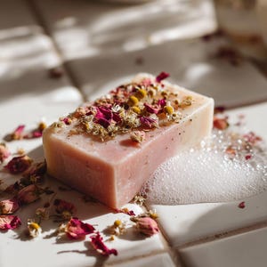 Sabonete artesanal de pétalas de rosa: hidratante floral vegano para a pele