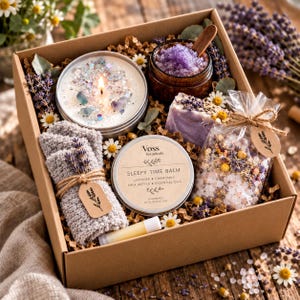 Handmade Spa Gift Box: Lavender Scrub, Soap, Balm and Vegan Candle, Fuzzy Socks, Lip Balm & Bath Salts