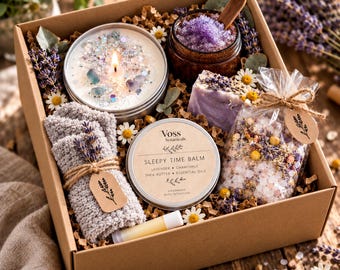 Handmade Spa Gift Box: Lavender Scrub, Soap, Balm and Vegan Candle, Fuzzy Socks, Lip Balm & Bath Salts